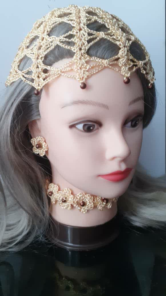 ست کلاه، گوشواره، گردنبند مدل گل ابریشم