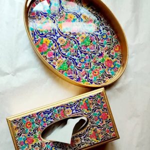 ست سینی و جعبه دستمال مدل کاشی